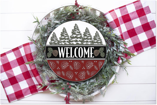 Welcome - Pine Tree & Pinecones Round